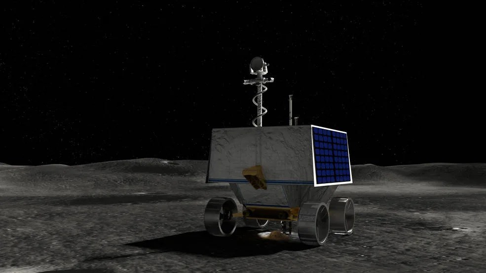 Illustration of NASA's Volatiles Investigating Polar Exploration Rover (VIPER) on the surface of the Moon