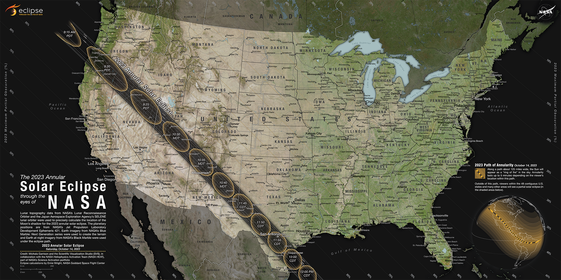 percorsi dell'ombra della Luna attraverso gli Stati Uniti durante l'eclissi solare anulare del 14 ottobre
