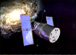 Animation showing the Hubble in orbit taking images of far off galaxies.