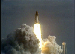 Image from footage showing the launch of the space shuttle Discovery which took the HST into orbit.
