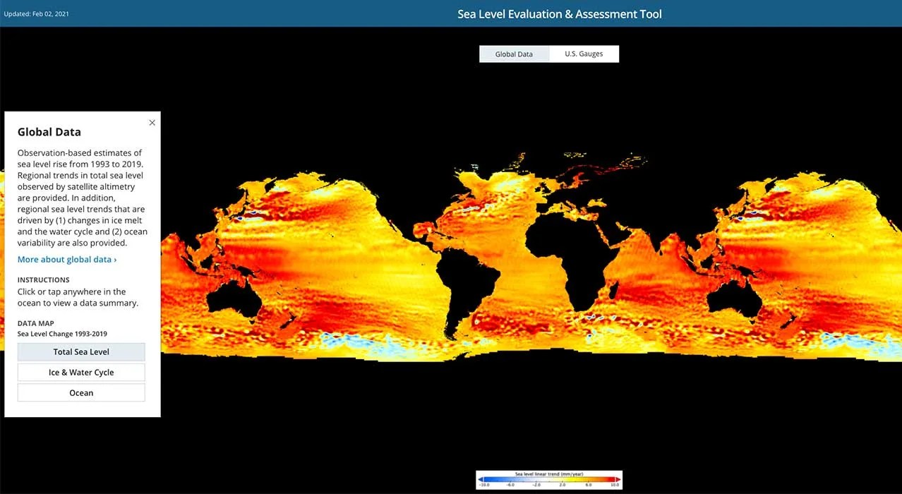 Screenshot of fire data across the world map with the ocean represented in yellow, orange and red.