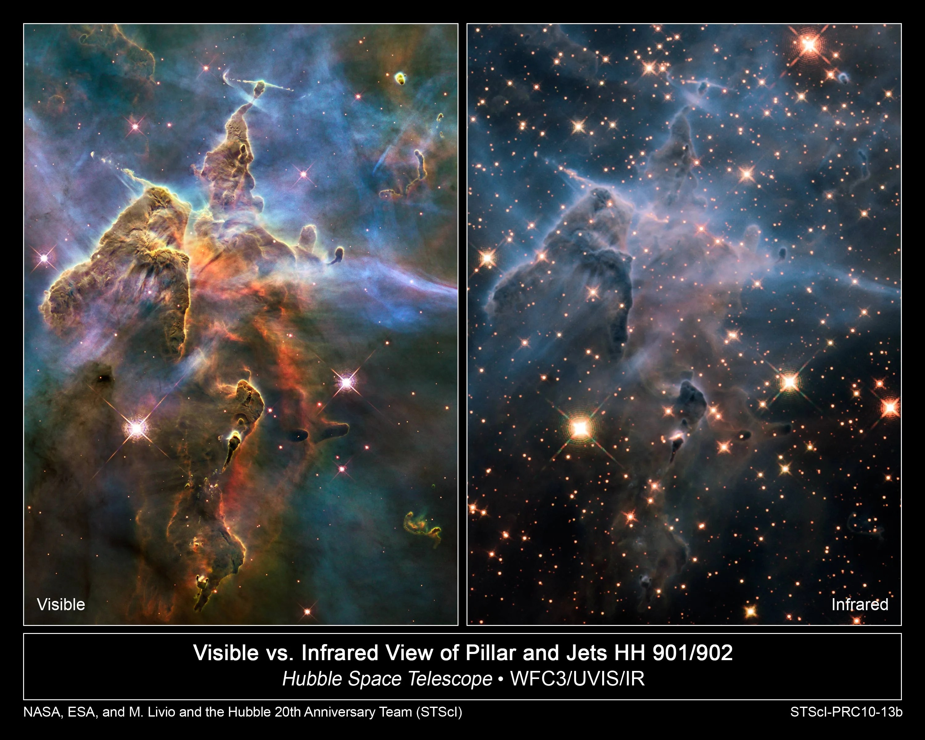 Visible (left) and infrared Hubble images of Carina Nebula