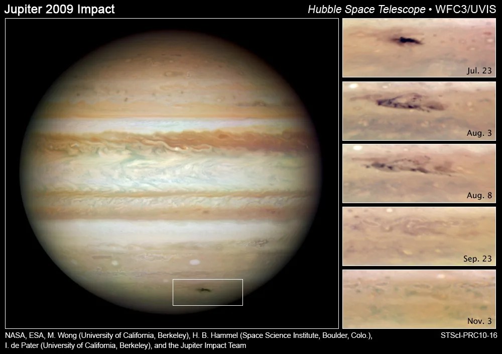 Jupiter with inset time series showing asteroid scar fading