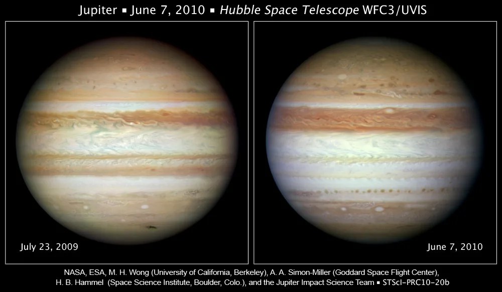 Hubble image of Jupiter in 2009 and 2010