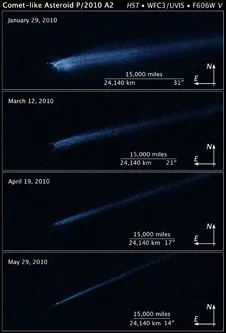 These four Hubble Space Telescope images, taken over a five-month period, show the odd-shaped debris that likely came from a collision between two asteroids.