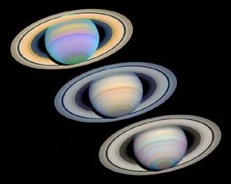 Snap shots of Saturn, as seen from the Hubble telescope Wide Field Planetary Camera 2, in ultraviolet, visible, and infrared light
