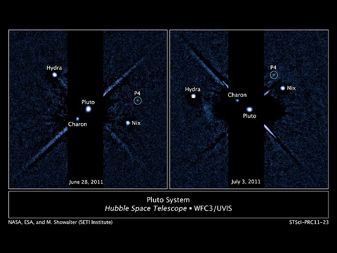 Two labeled hubble wfc3/uvis images of the pluto system with new moon p4 circled. left side image taken on june 28, 2011. right side image taken on july 3, 2011.