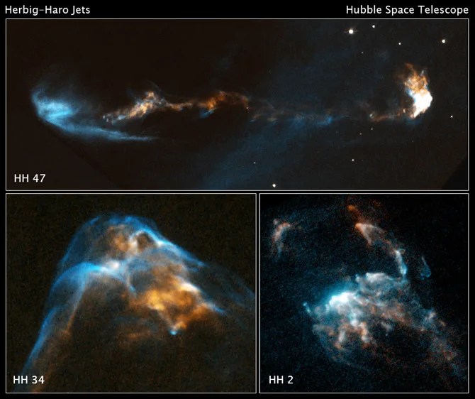 3 stills from Hubble movies of supersonic jets.
