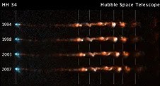 These images taken by Hubble Space Telescope show how a bright, clumpy jet ejected from a young star has changed over time.