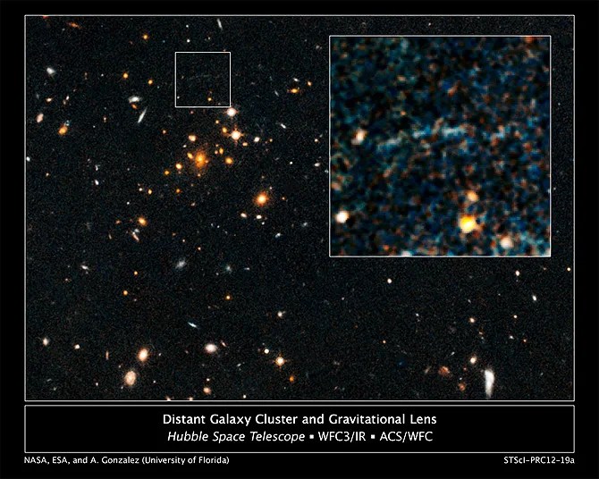 Hubble image showing an arc of blue light behind an extremely massive cluster of galaxies residing 10 billion light-years away.