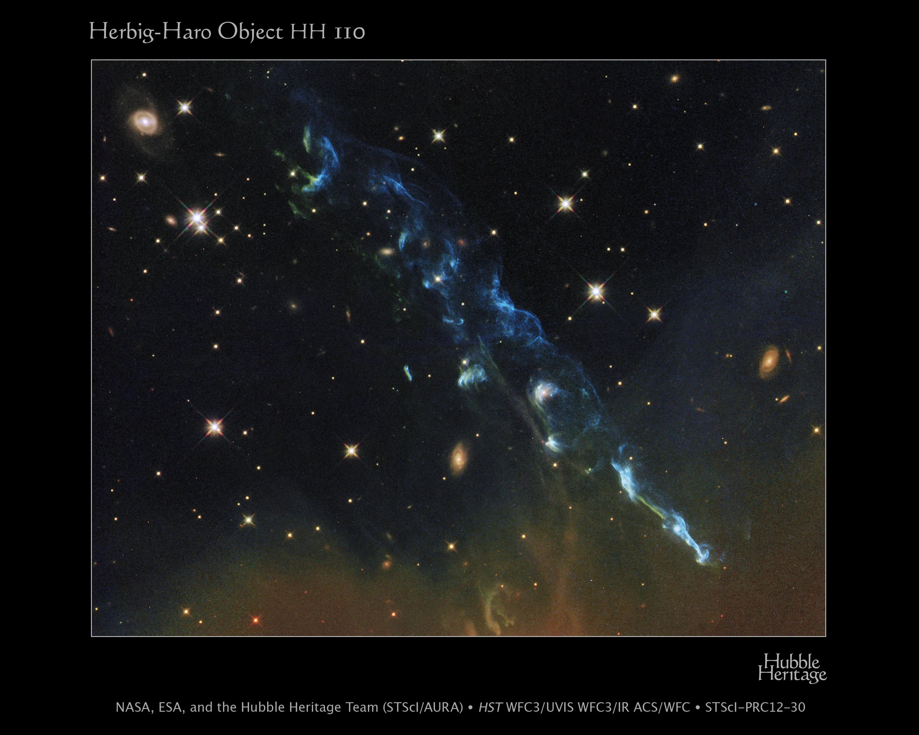 bluish plumes of gas from a new-forming star spew through the cosmos like a stream of smoke and sparks from a rocket.