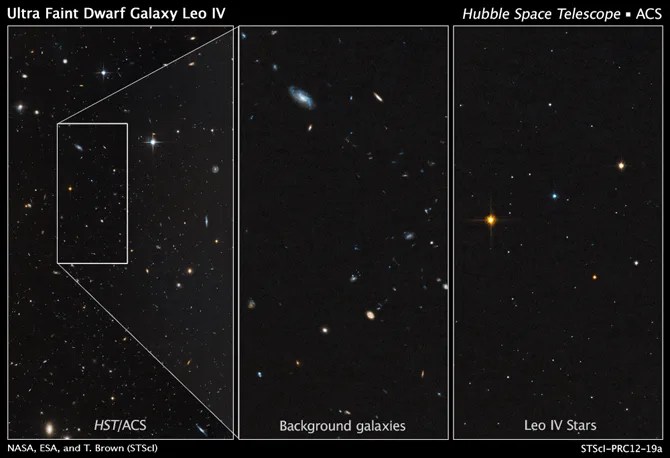 These Hubble images show the dim, star-starved dwarf galaxy Leo IV.