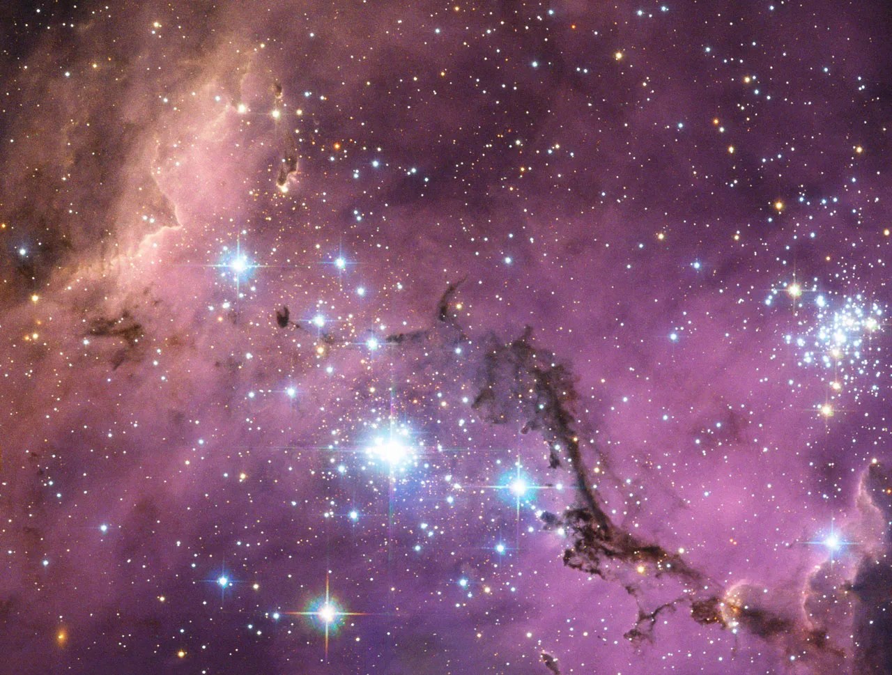 Hubble Finds Cosmic Bubbles and Filaments in Large Magellanic Cloud