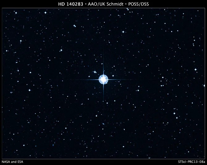 This is a Digitized Sky Survey image of the oldest star with a well-determined age in our galaxy. The aging star, cataloged as HD 140283, lies 190.1 light-years away.
