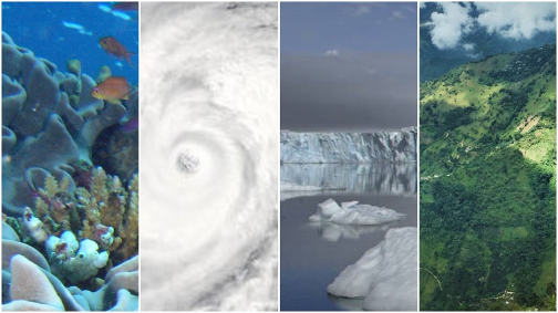Collage of four earth images: ocean coral, hurricane, glacier and green mountainside