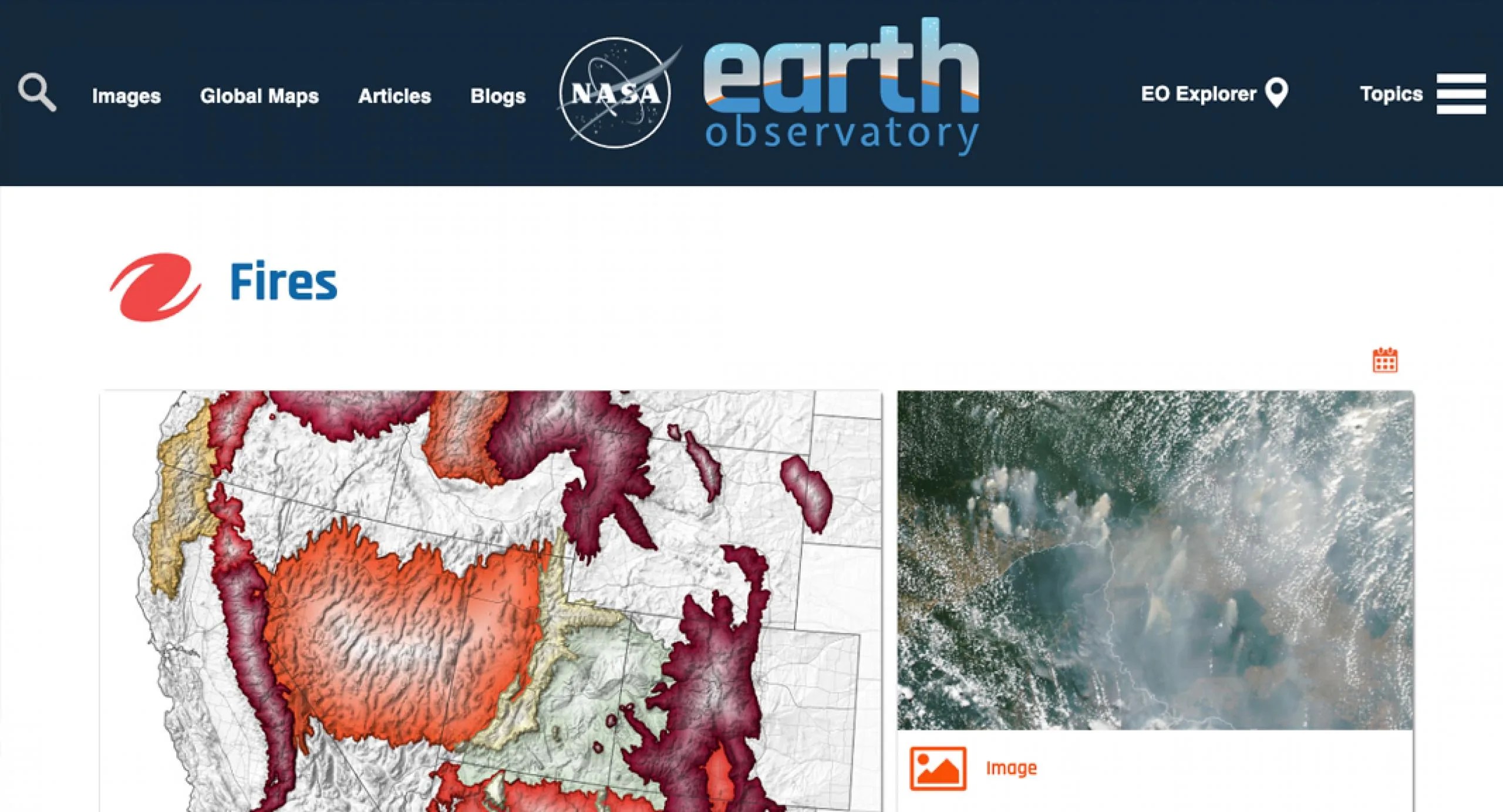 Screenshot of the Earth Observatory Fires webpage