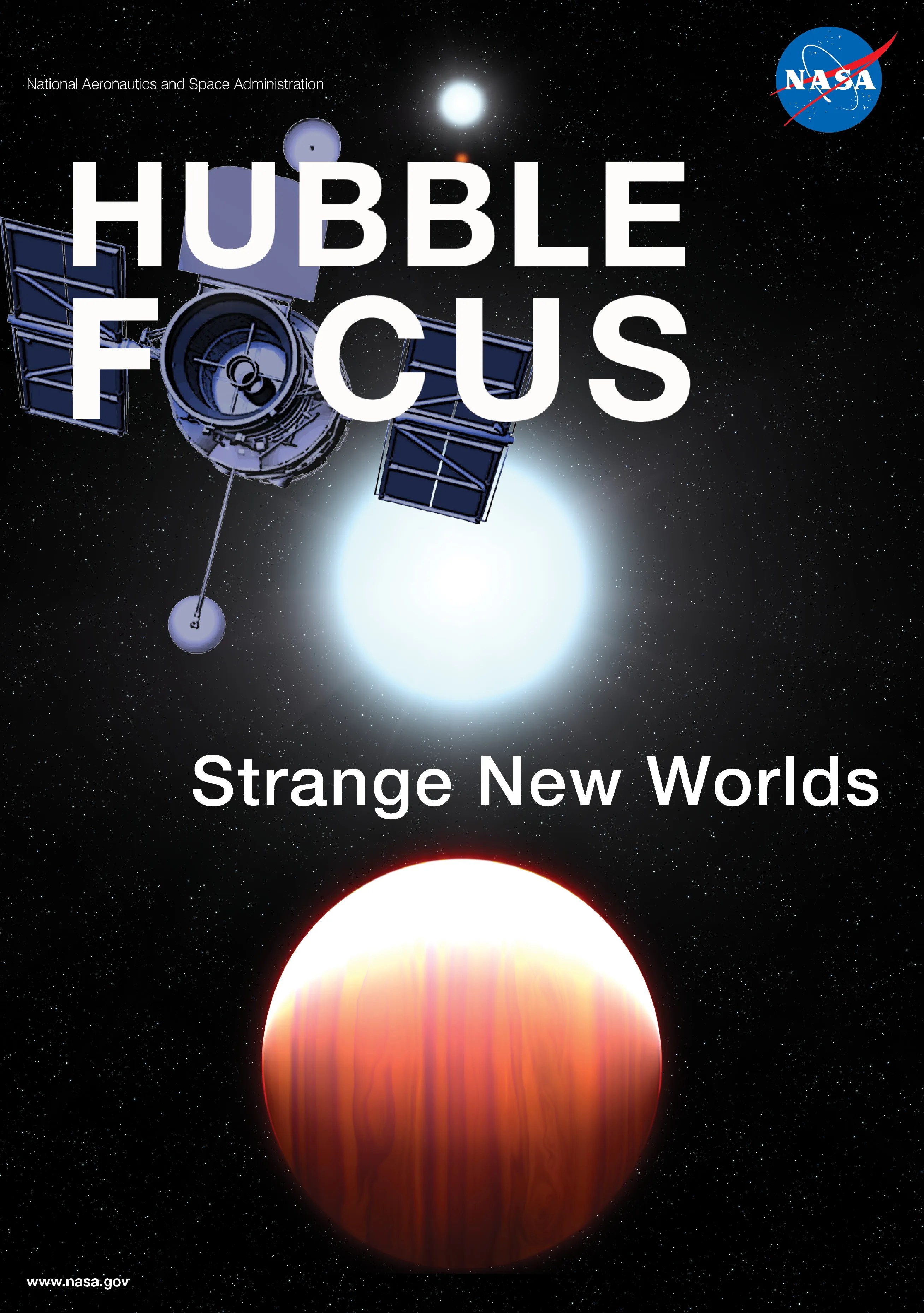 Upper left: "Hubble Focus" opening of the telescope is the "O" Center: bright-white star, Center Bottom: Orange-red planet with cloud bands, Center: small, bright-white star and very small red-orange dwarf star