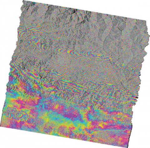 Colorized data interferogram of the 7.8 magnitude earthquake in Nepal