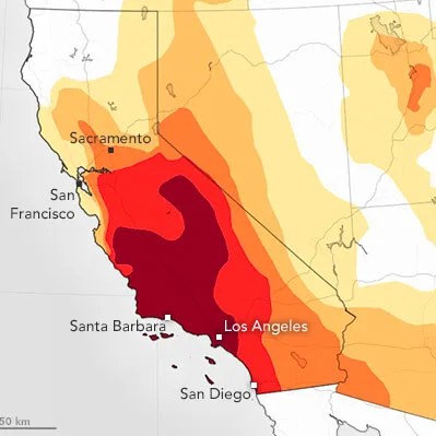 Drought map of the state of California, colors indicate severity of drought