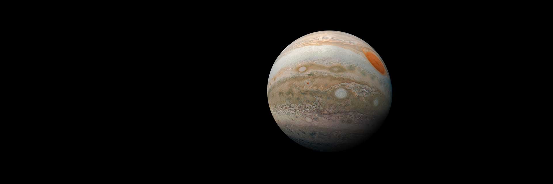A full-globe view of Jupiter against the darkness of space