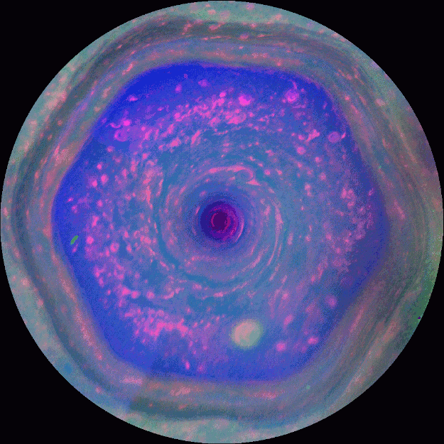 animation of clouds moving around Saturn's pole in a hexagonal pattern