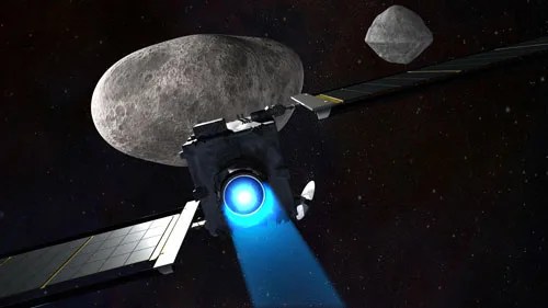 Spacecraft speeding toward an impact with the small moon of an asteroid.