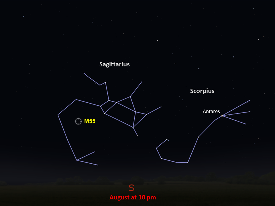 Esta carta estelar para M55 representa la vista desde latitudes medias del norte para el mes y la hora dados. Créditos: Imagen cortesía de Stellarium