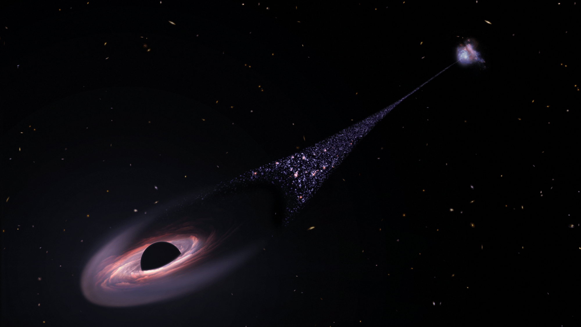 Esta es una impresión artística de un agujero negro supermasivo fuera de control que fue expulsado de su galaxia anfitriona como resultado de una pelea entre él y otros dos agujeros negros. Créditos: NASA, ESA, Leah Hustak (STScI)