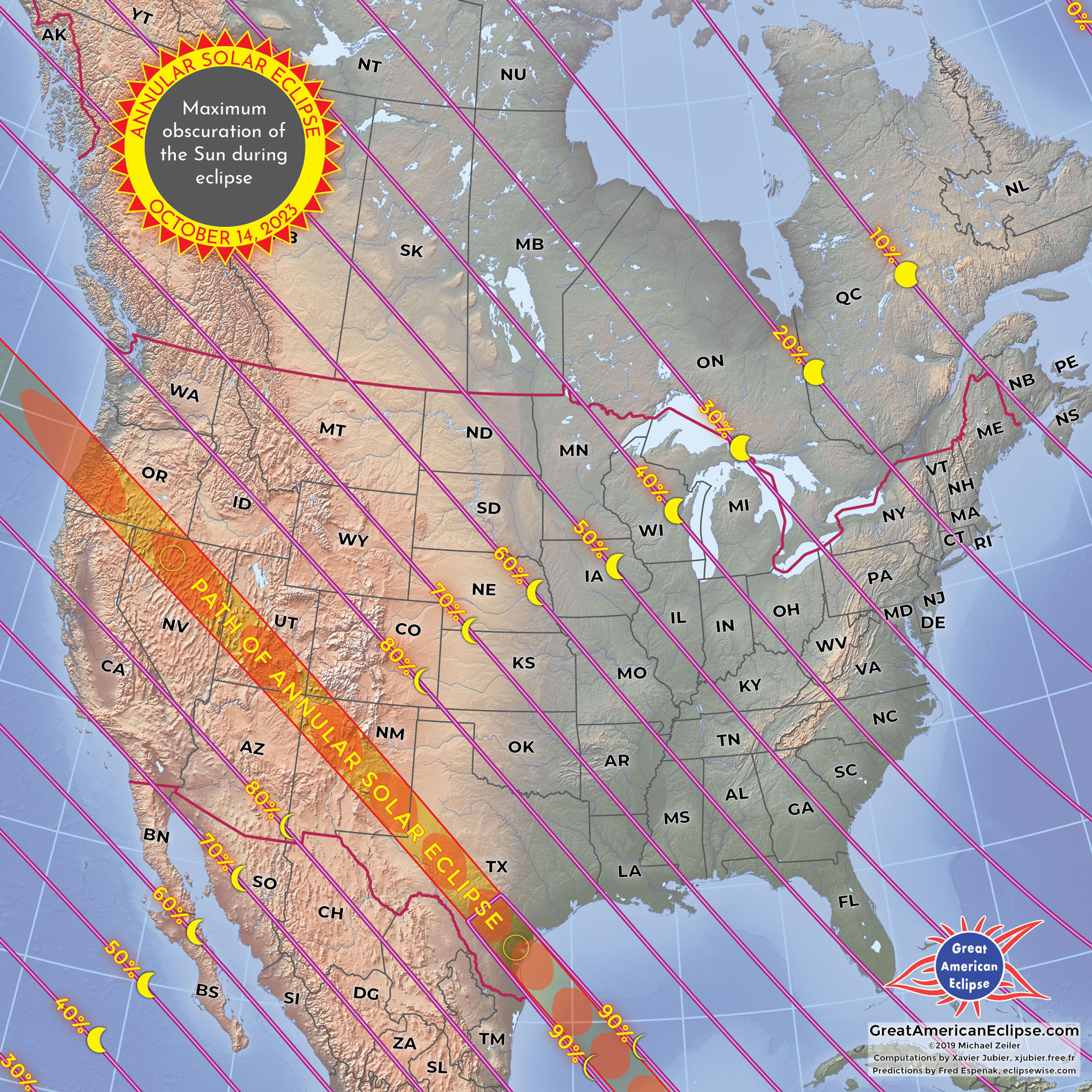 Map of North America showing the path of the annular solar eclipse.