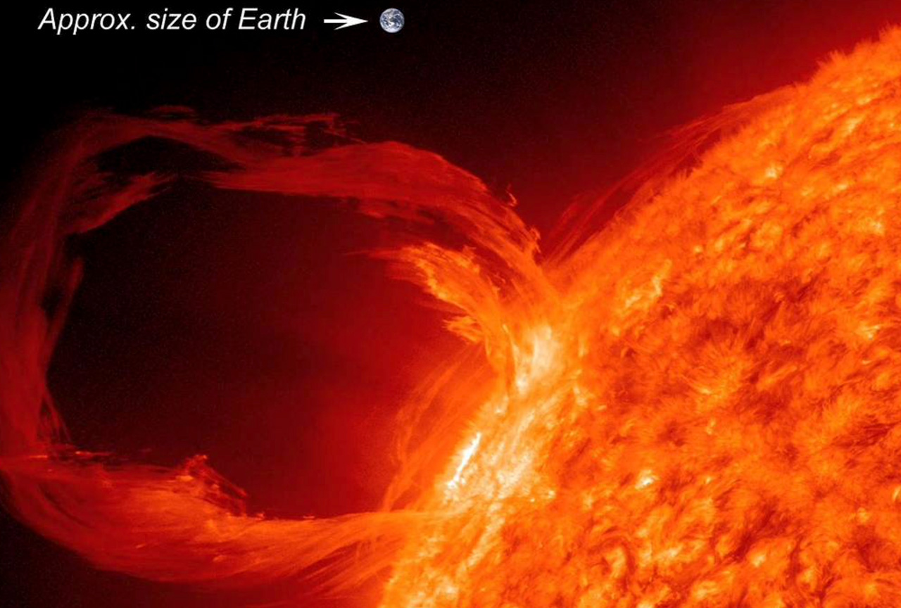 The giant, orange Sun dominates the right side of the image. Variations in dark and light orange show the dynamic surface of the Sun. A giant solar prominence loops off of the Sun to the left. A size comparison shows a tiny Earth above the prominence.