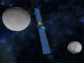 Artist concept of NASA's Dawn spacecraft between its two science targets, Ceres (left) and Vesta (right). Image credit: NASA/JPL-Caltech