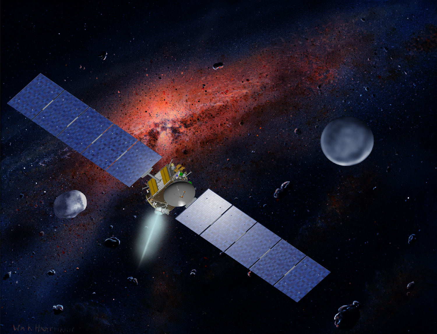 Artist's concept of NASA's Dawn spacecraft between the giant asteroid Vesta and the dwarf planet Ceres