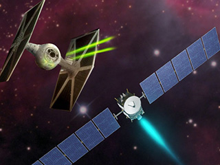 Artist's concept of the Dawn spacecraft and a TIE Fighter from 'Star Wars'