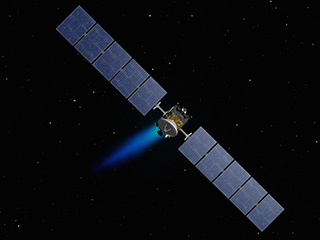 Illustration of the Dawn spacecraft flying towards Ceres.
