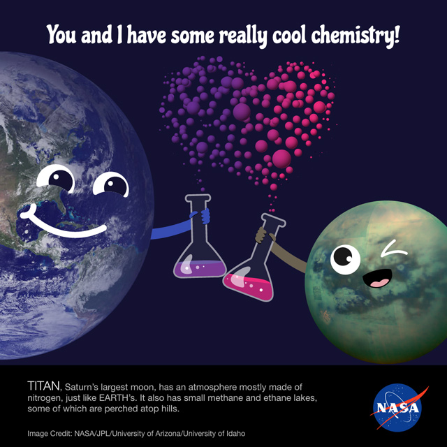 Image of Earth and Titan holding up flasks filled with colorful liquid. Valentine caption reads "You and I have some really cool chemistry!"