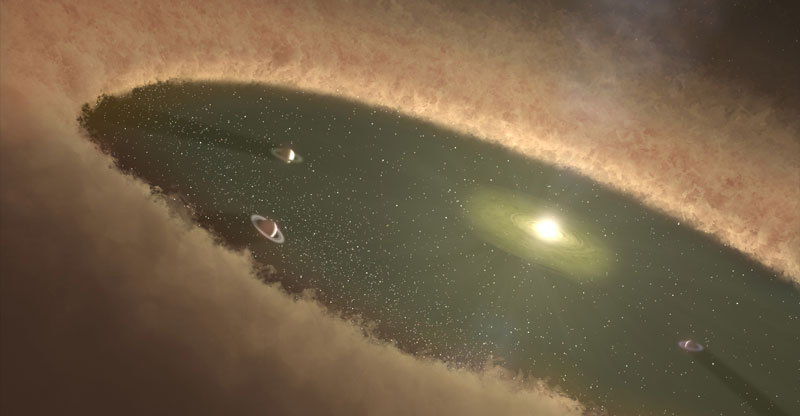 This artist's concept depicts giant planets circling between belts of dust. Scientists think the star system HD 95086 may have a planetary architecture similar to this. While the star system's two dust belts are known, along with one massive planet, more giant planets may lurk unseen. Image credit: NASA/JPL–Caltech