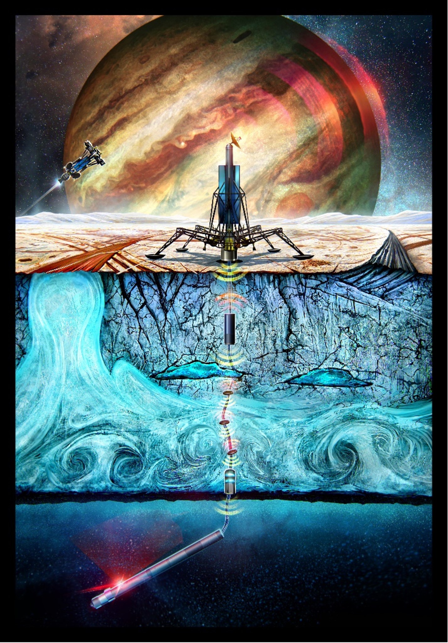 a cross section depicting three regions: a dark bottom ocean region with a silver cylindrical probe, a middle icy section with blue swirls through which the probe’s tether travels, and a top image depicting the surface on which is perched a lander vehicle with multiple legs and an antenna. In the background behind the lander, a multicolored planet dominates the sky.