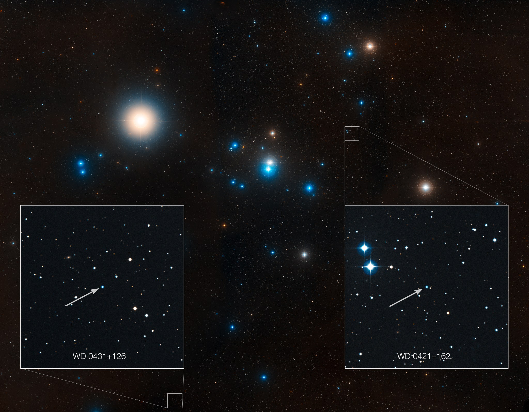 Orange and blue stars from the Hyades cluster on a dark background with two stars labelled: WD 0421+162, and WD 0431+126