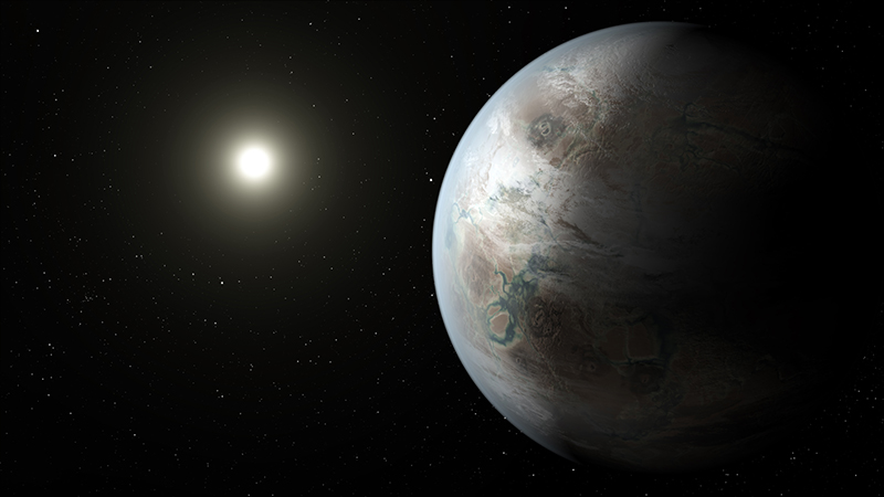 An artist's concept illustration shows three quarters of a terrestrial exoplanet with its bright star in the distance. The planet is cloudy and has a blueish color against the black of space.